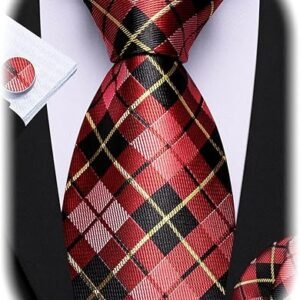 designer classic ties for men set formal pocket square cufflink check plaid（black and yellow grey） (複製)