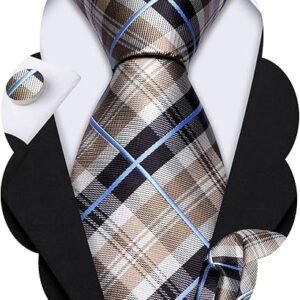 designer classic ties for men set formal pocket square cufflink check plaid（bright blue） (複製)