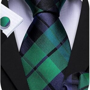 designer classic ties for men set formal pocket square cufflink check plaid（grass green black blue） (複製)