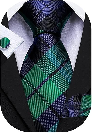 designer classic ties for men set formal pocket square cufflink check plaid(grass green black blue) (複製)