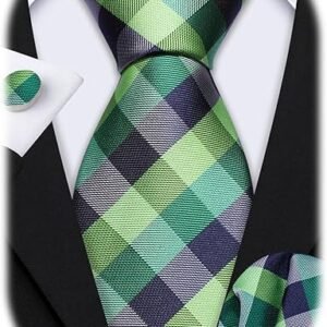 designer classic ties for men set formal pocket square cufflink check plaid（green deep blue plaid） (複製)