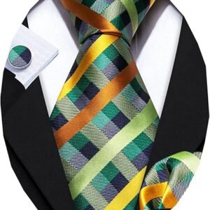 designer classic ties for men set formal pocket square cufflink check plaid（green plaid） (複製)