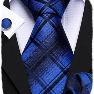 designer classic ties for men set formal pocket square cufflink check plaid（light blue） (複製)