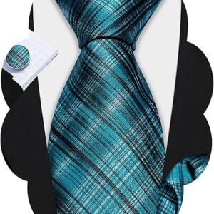 designer classic ties for men set formal pocket square cufflink check plaid（a teal）