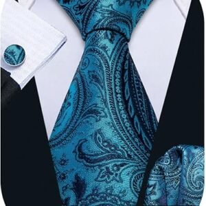paisley tie fashion set hanky cufflinks neckties for men woven silk（blue green） (複製)