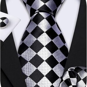 designer classic ties for men set formal pocket square cufflink check plaid（black green） (複製)