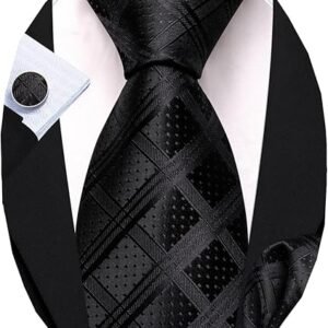 designer classic ties for men set formal pocket square cufflink check plaid（black red stripe） (複製)