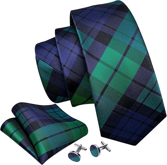 designer classic ties for men set formal pocket square cufflink check plaid(grass green black blue) (複製)
