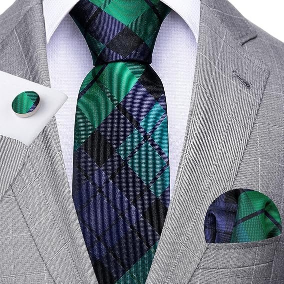 designer classic ties for men set formal pocket square cufflink check plaid(grass green black blue) (複製)