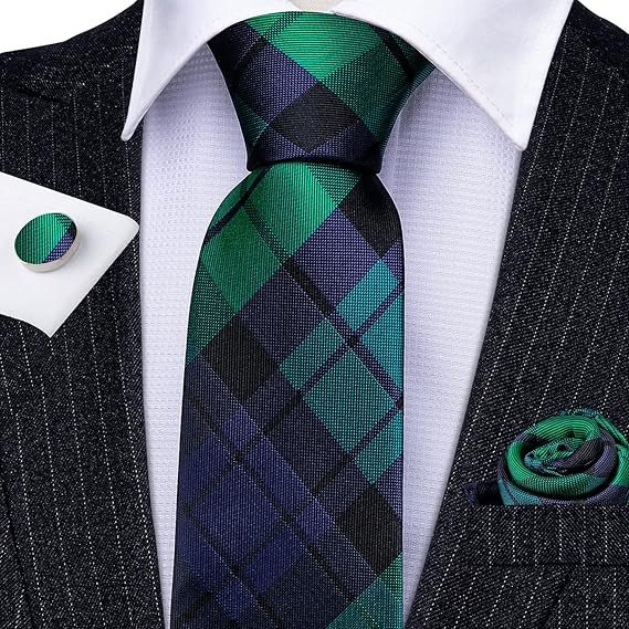 designer classic ties for men set formal pocket square cufflink check plaid(grass green black blue) (複製)